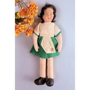 Irish Folk Art Doll Papier Mache Head Cloth Body Clover Dress 14” Boudoir VTG